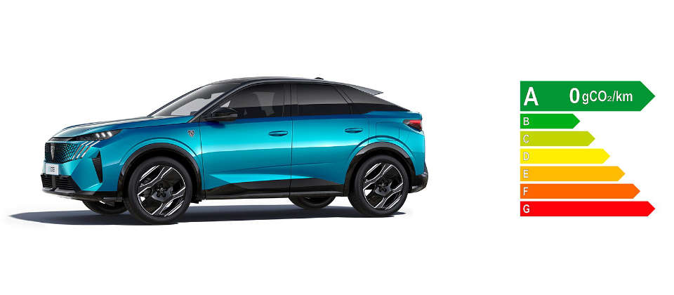 Peugeot e-3008 блакитного кольору, вигляд з лівого боку